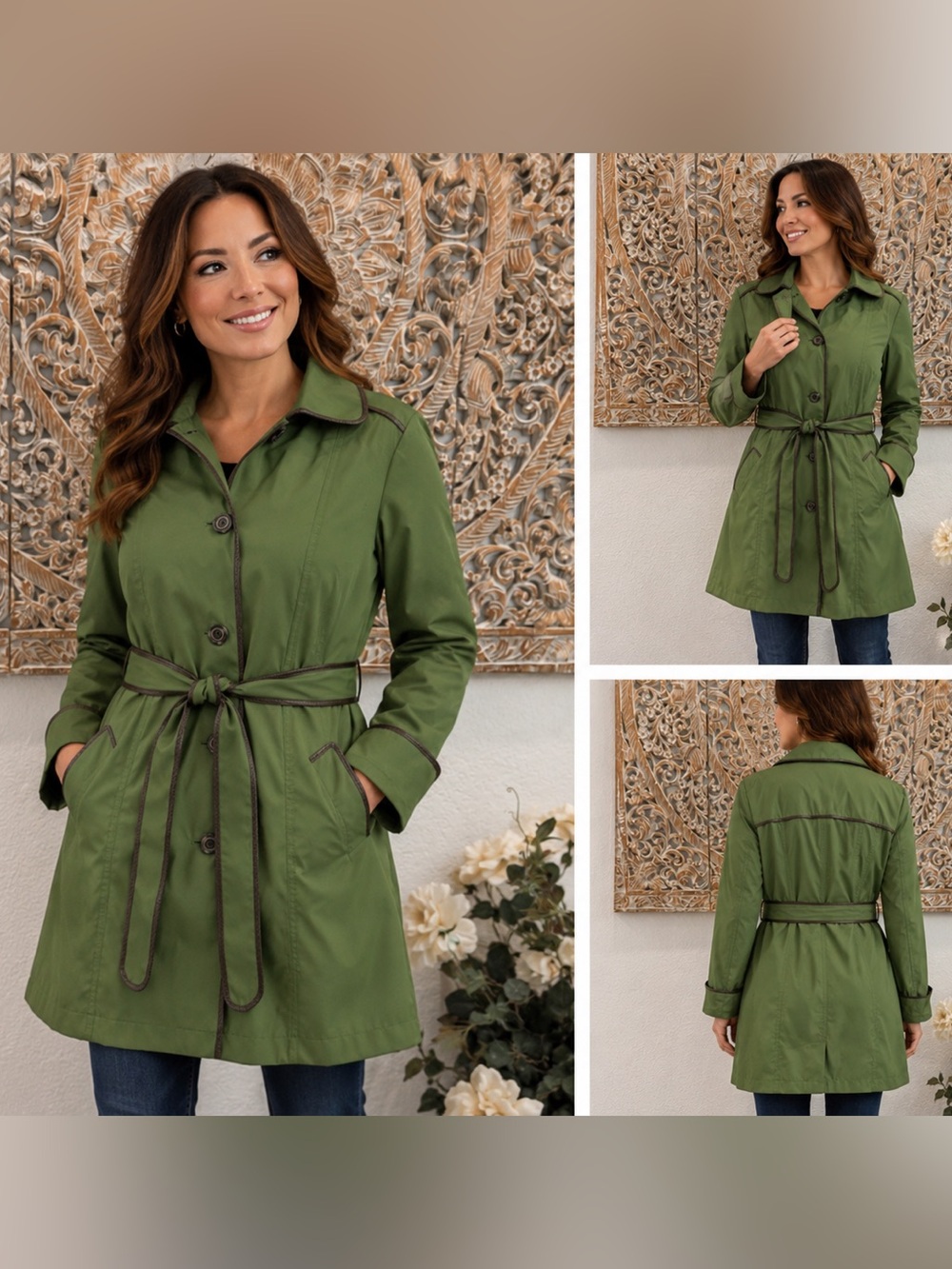 Dennis by Dennis Basso Green & Brown Belted Water Resistant Trench Coat- size L